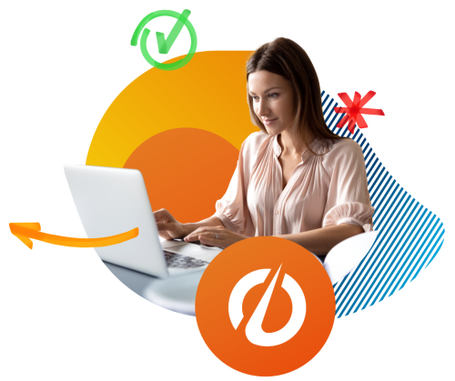 Mujer con ordenador opositas con flecha a la izquierda